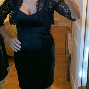 Black satin cocktail dress.